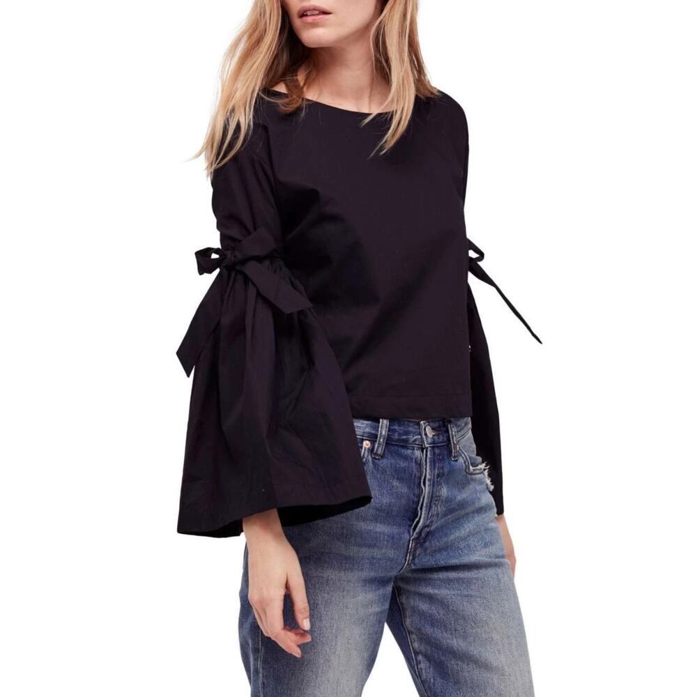 Free People So Obviously Yours Black Bell Sleeve Cotton Top Small